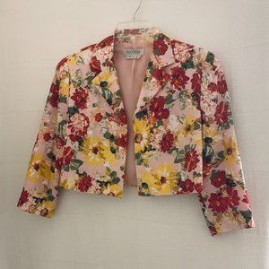 KAY UNGER WOMENS SILK/LINEN OPEN BOLERO JACKET SZ 6 RED/PINK/YELLOW/GREEN FLORAL